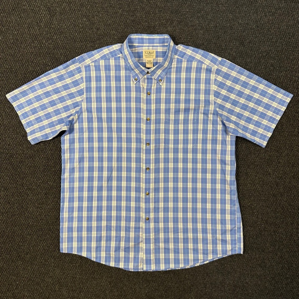 LL Bean Button Down Short Sleeve Shirt Mens XL Traditional Fit Blue Plaid